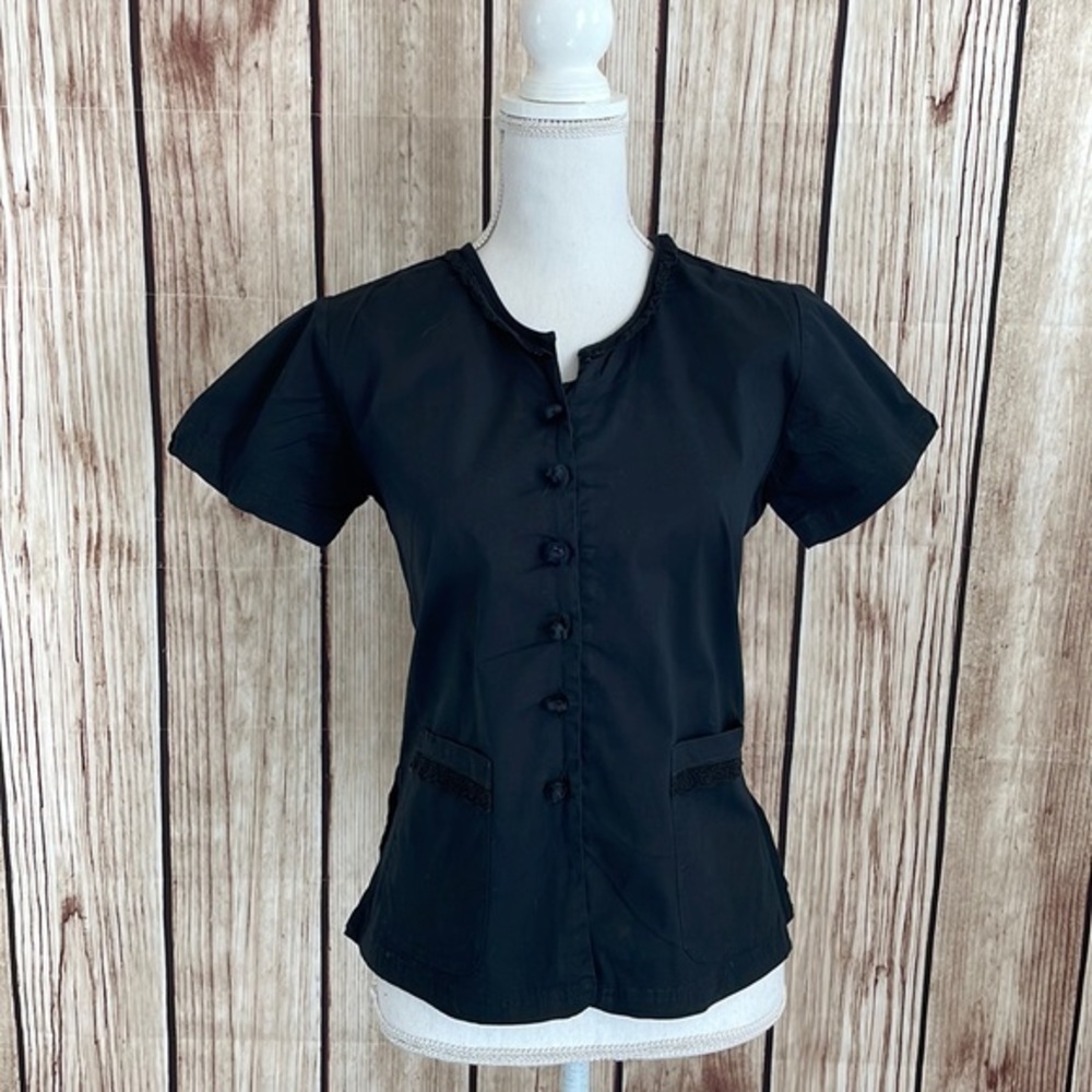 April Cornell Black Cotton Button Down w/Front Pockets & Lace Accents Small